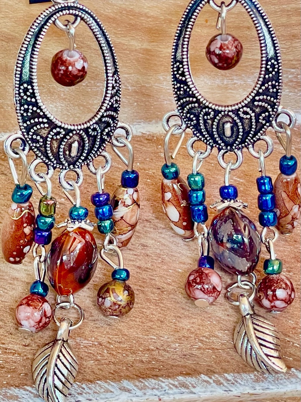 Boho Brown with Blue Accent Beaded Dangle Earrings with Silver Feather Accent